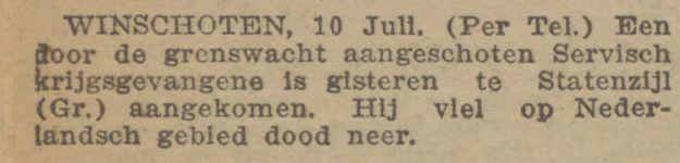 Nieuwsblad van Friesland Hepkema`s courant 10 juli 1917, ...aangeschoten Servisch krijgsgevangene...